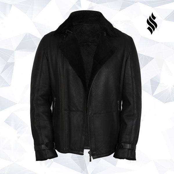 Men's Luxury Aviator Black Leather Shearling Sheepskin Flying Coat