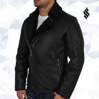 Men's Luxury Aviator Black Leather Shearling Sheepskin Flying Coat