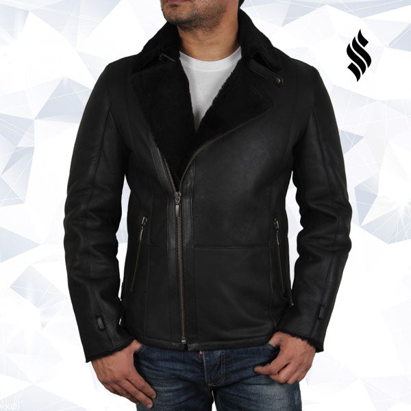 Men's Luxury Aviator Black Leather Shearling Sheepskin Flying Coat