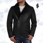 Men's Luxury Aviator Black Leather Shearling Sheepskin Flying Coat