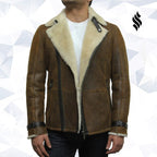 Men's Luxury Shearling Sheepskin Aviator Rust Brown Leather Flying Jacket Coat