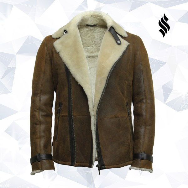 Men's Luxury Shearling Sheepskin Aviator Rust Brown Leather Flying Jacket Coat