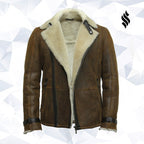 Men's Luxury Shearling Sheepskin Aviator Rust Brown Leather Flying Jacket Coat