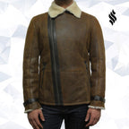 Men's Luxury Shearling Sheepskin Aviator Rust Brown Leather Flying Jacket Coat