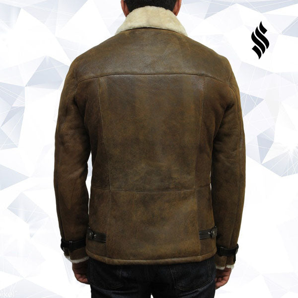 Men's Luxury Shearling Sheepskin Aviator Rust Brown Leather Flying Jacket Coat