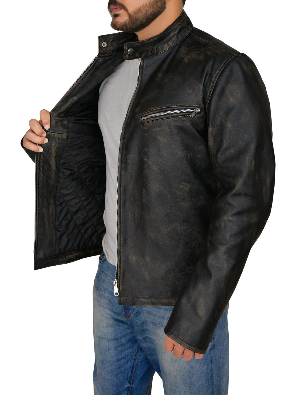 Men Distressed Black Cafe Racer Jacket