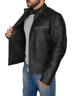 Men Distressed Black Cafe Racer Jacket