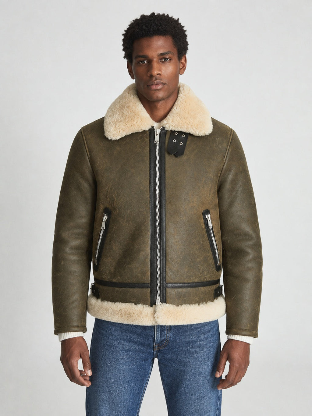 Men’s Army Green Sheepskin Shearling Aviator Jacket