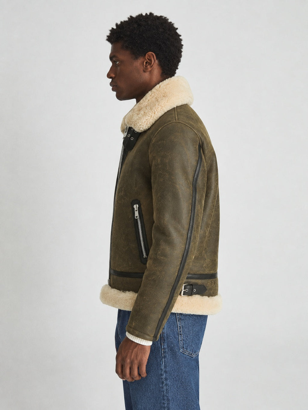 Men’s Army Green Sheepskin Shearling Aviator Jacket