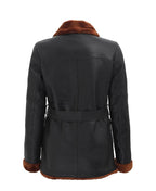 Womens Black Double Breasted 3 4 Length Shearling Leather Coat