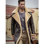 B3 Flight Sheepskin Aviator Long Mens Winter Coats Fur Bomber Leather Jacket