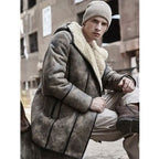 Mens Bomber Shearling Fur Hooded Winter Long Leather Jacket Trench Coat