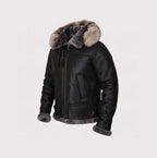 Men Black Shearling Jacket With Hoodie