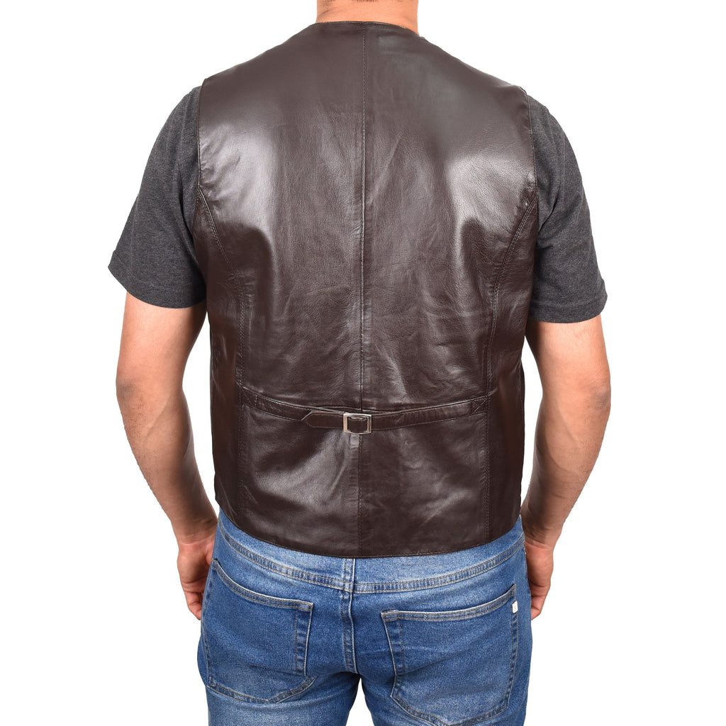 Mens Button Fastening Leather Waistcoat Nick Brown
