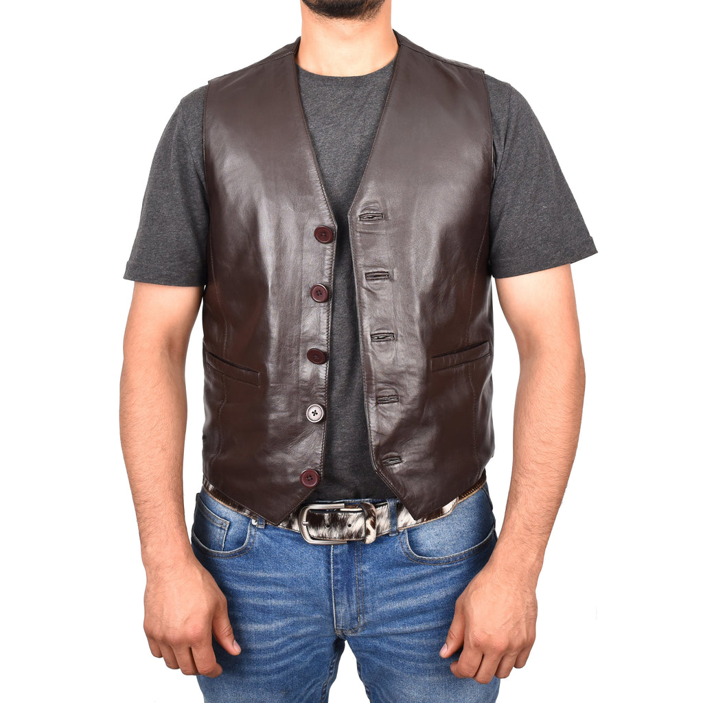 Mens Button Fastening Leather Waistcoat Nick Brown