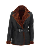 Womens Black Double Breasted 3 4 Length Shearling Leather Coat