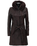 Dark Brown Leather Coat for Women With Removable Fur Hood